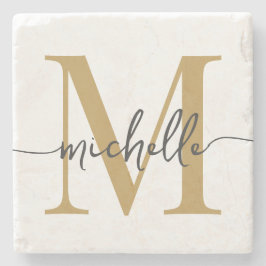 Modernt Vitt Guld Monogramnamn Elegant Skrift Stenunderlägg