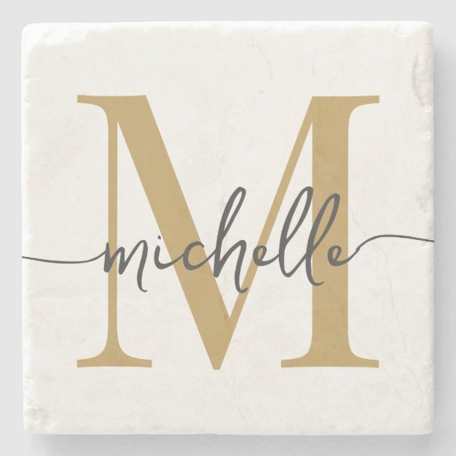 Modernt Vitt Guld Monogramnamn Elegant Skrift Stenunderlägg (Framsidan)