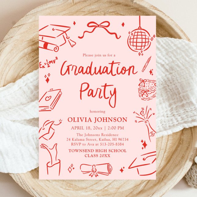 Modernt Whimsical Handritad Båg- Examenfest Inbjudningar (Modern Whimsical Hand Drawn Bow Graduation Party Invitation)