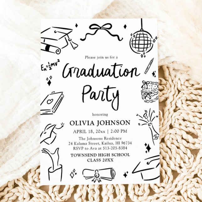Modernt Whimsical Handritad Båg- Examenfest Inbjudningar (Modern Whimsical Hand Drawn Bow Graduation Party Invitation)