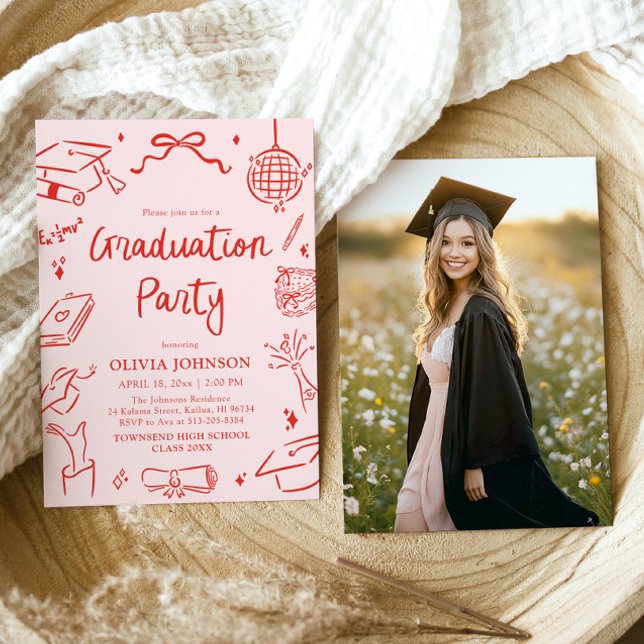 Modernt Whimsical Handritad Bågavgångsfest Inbjudningar (Modern Whimsical Hand Drawn Bow Graduation Party Invitation)