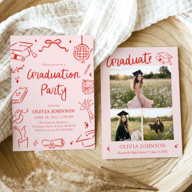 Modernt Whimsical Handritad Båge Examenfest Inbjudningar (Modern Whimsical Hand Drawn Bow Graduation Party Invitation)