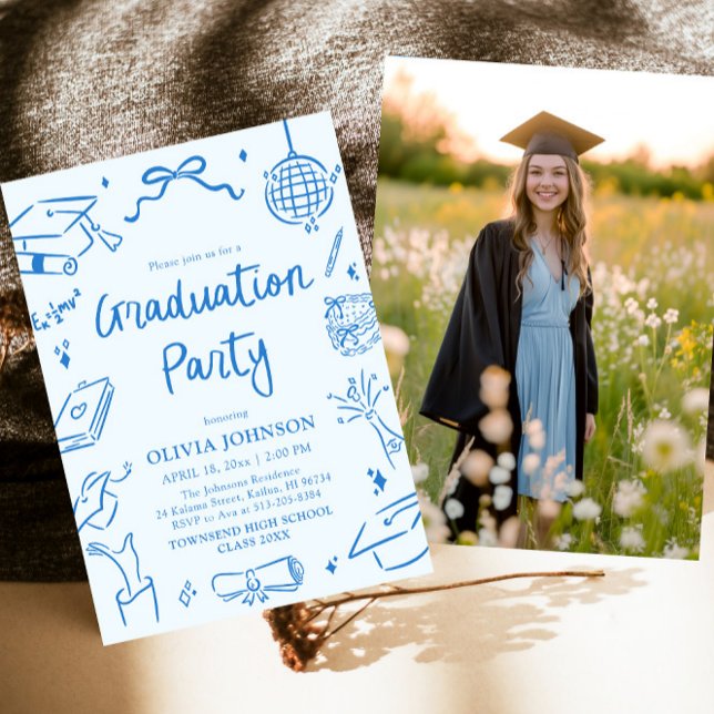 Modernt Whimsical Handritad Blå Examenfest Inbjudningar (Modern Whimsical Hand Drawn Blue Graduation Party Invitation)