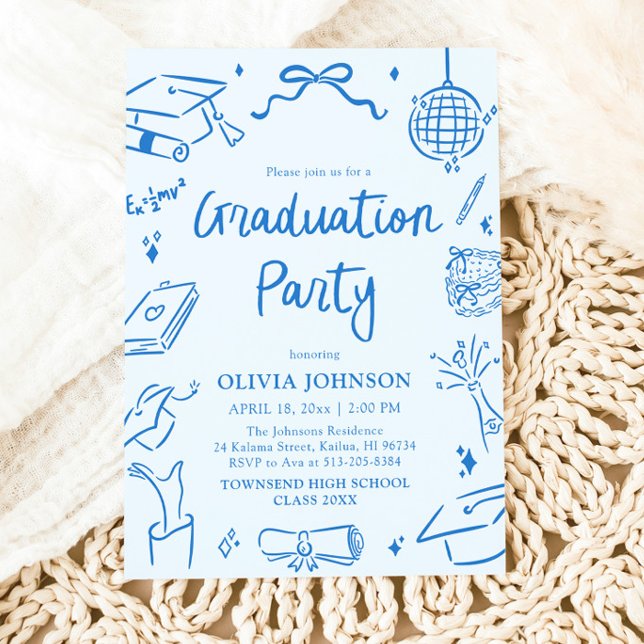 Modernt Whimsical Handritad Blå Studentfest Inbjudningar (Modern Whimsical Hand Drawn Blue Graduation Party Invitation)