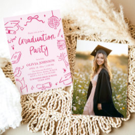 Modernt Whimsical Handritad Rosa Examenfest Inbjudningar