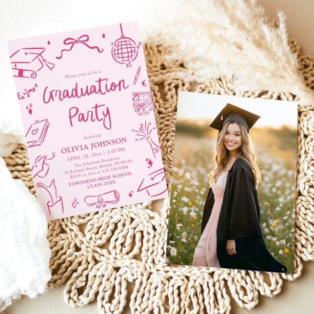 Modernt Whimsical Handritad Rosa Examenfest Inbjudningar (Modern Whimsical Hand Drawn Pink Graduation Party Invitation)