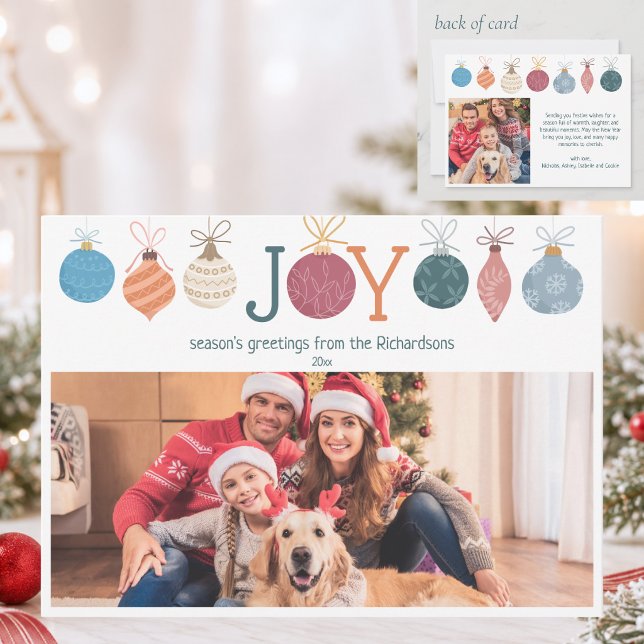 Modernt Whimsical JOY 2 Familjefoto Jul Julkort (cute fun playful whimsical JOY Christmas season's greeting family photo card with 2 custom photos)