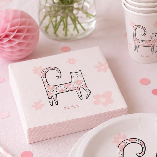Modernt Whimsical Rosa Katt Perfekt Födelsedagsfes Pappersservett (Skapare uppladdad)