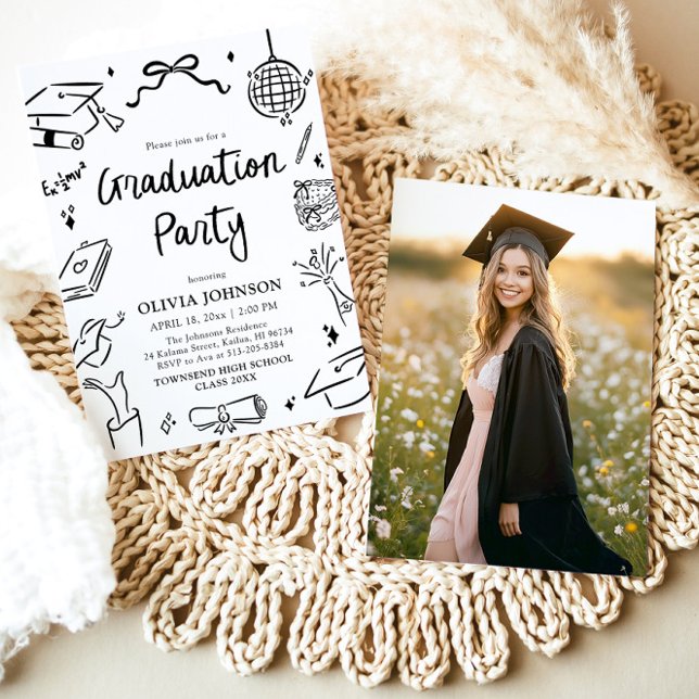 Modernt Whimsisk Handritad Båg Examen Fest Inbjudningar (Modern Whimsical Hand Drawn Bow Graduation Party Invitation)