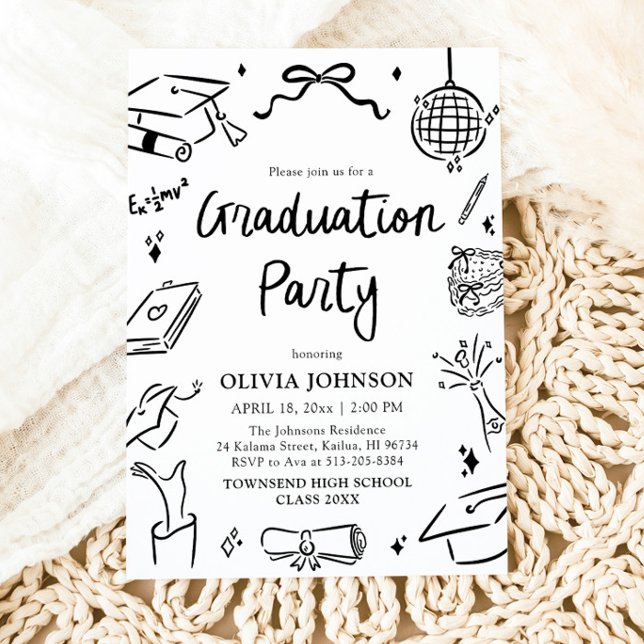 Modernt Whimsisk Handritad Båg- Examenfest Inbjudningar (Modern Whimsical Hand Drawn Bow Graduation Party Invitation)