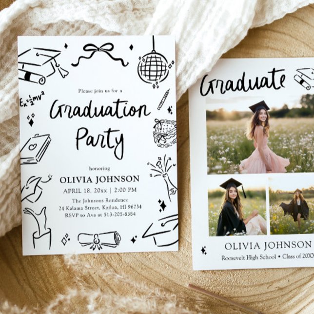 Modernt Whimsisk Handritad Båg- Examenfest Inbjudningar (Modern Whimsical Hand Drawn Bow Graduation Party Invitation)