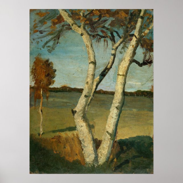 Modersohn-Becker - Tvåstamlad Björk Och Landskap Poster (Framsidan)