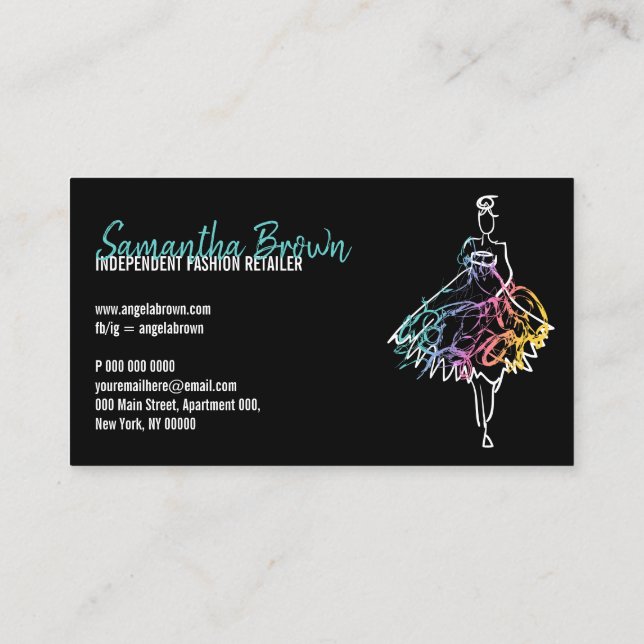 Modeshops klänning skiss svart boutique visitkort (Baksida)