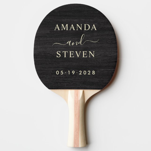 Modest Dark Wood Couple Names with Wedding Date Pingisracket (Baksidan)