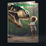 **"Modet frigjort: En liten pojke Ansikte T-Rex" Kort<br><div class="desc">Bild är ett litet barn som konfronteras med en T-rex-dosoaur</div>