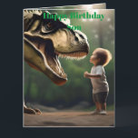 **"Modet frigjort: En liten pojke Ansikte T-Rex" Kort<br><div class="desc">Bild är ett litet barn som konfronteras med en T-rex-dosoaur</div>