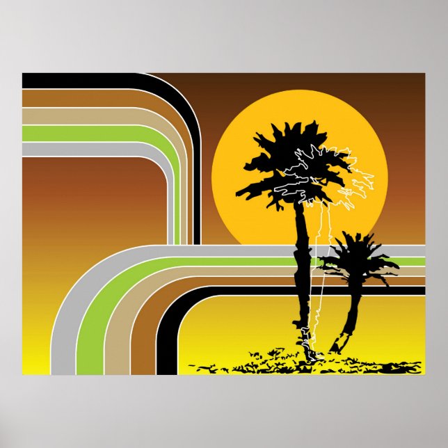 Modet handflatan Träd Tropical Retro Beach Sunset  Poster (Framsidan)