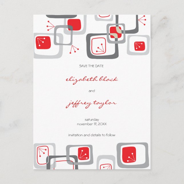 Modet Red Retro Cherry Squares Art Spara datum Meddelande Vykort (Framsida)