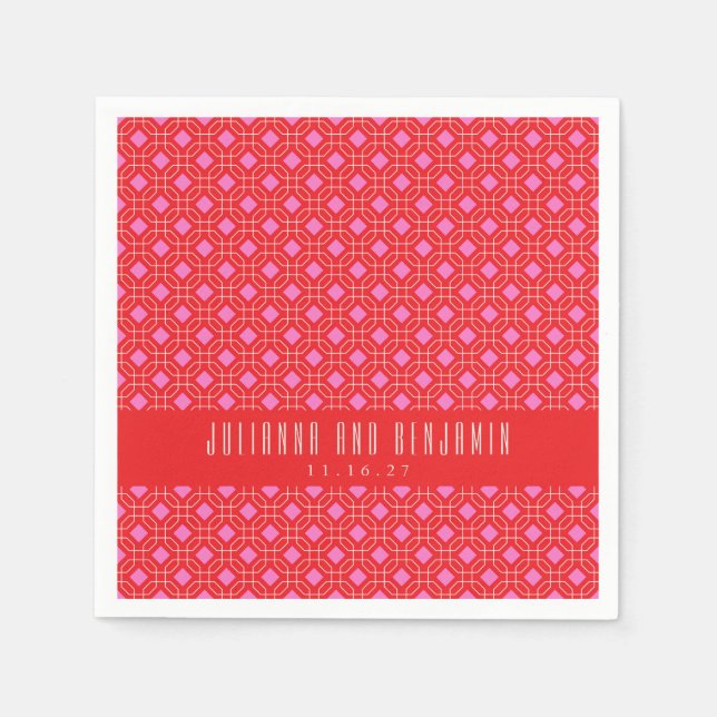 Modet Red Rosa Geometric Personligt bröllp Pappersservett (Framsidan)