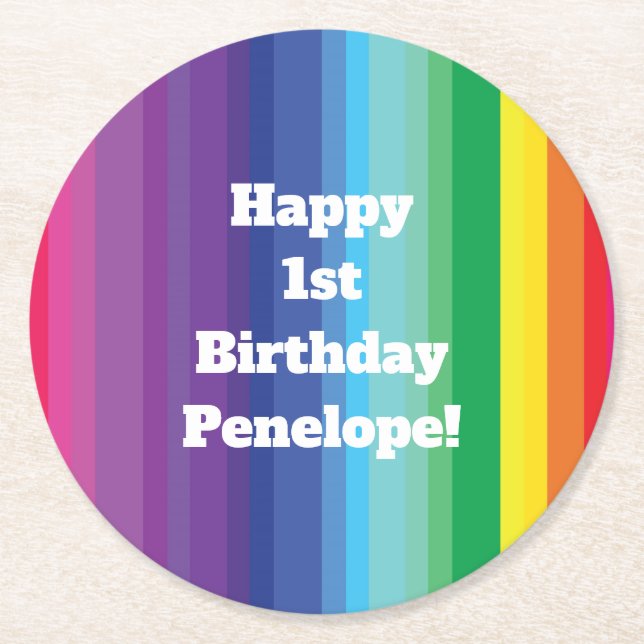 Modet Regnbåge färgämne 1:a födelsedagen Party Underlägg Papper Rund (Framsidan)