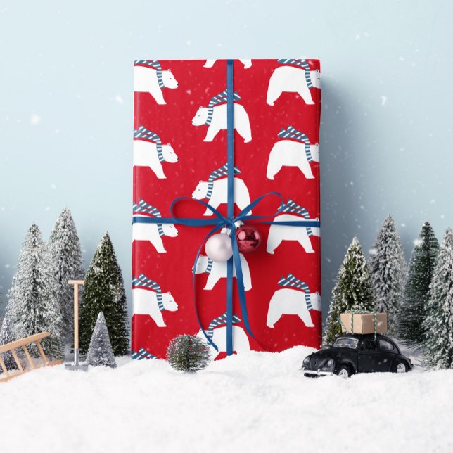 Modets Polar Bears- Red- Julafton Wrapping Papper Presentpapper (Up your gifting game this year with this "Modern Polar Bear" gift wrap! By Clearlytangled Studio.)