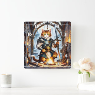 Modig Cat Knight Forging Swords in Fantasy Forge Fyrkantig Klocka