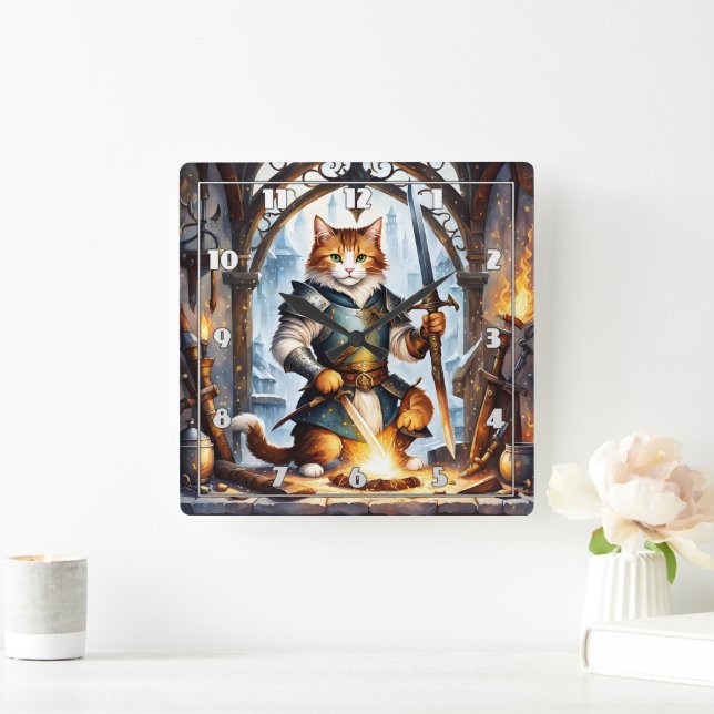 Modig Cat Knight Forging Swords in Fantasy Forge Fyrkantig Klocka (Hem)
