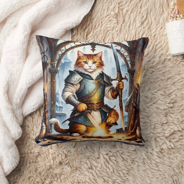 Modig Cat Knight Forging Swords in Fantasy Forge Kudde (Filt)