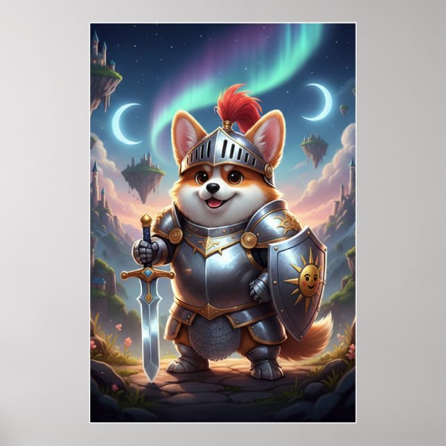 Modig Corgi Riddare | Fantasy Söt Rustning Konst P Poster (Framsidan)
