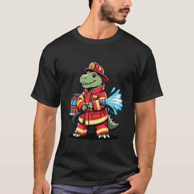 Modig Dino Firefighter Tecknad T Shirt (Framsida)