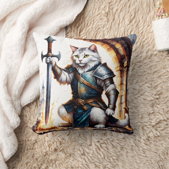 Modig Katt Knight i Armor med Sword Kudde (Filt)