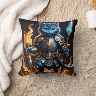 Modigt Kattdjur Knight i Fiery Fantasy-inställning Kudde