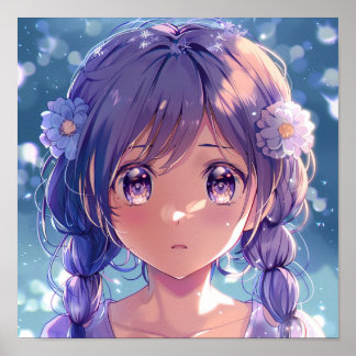 Moe Anime Flicka Blommig Porträtt Poster