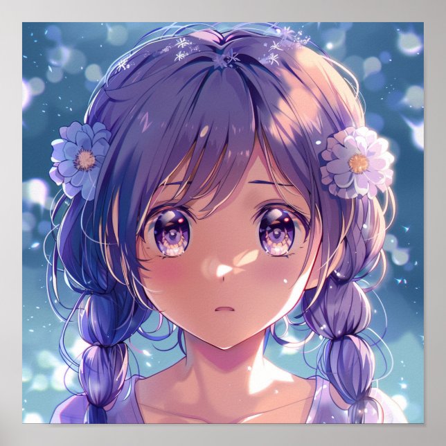 Moe Anime Flicka Blommig Porträtt Poster (Framsidan)