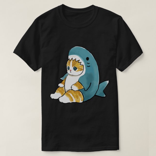 Mofu Sand Cute Cat Teckning i hajutrustning T Shirt (Design framsida)