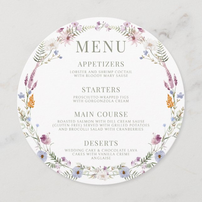 Mogvildblommans rustiska, runda menykort för plåt meny (Framsida)