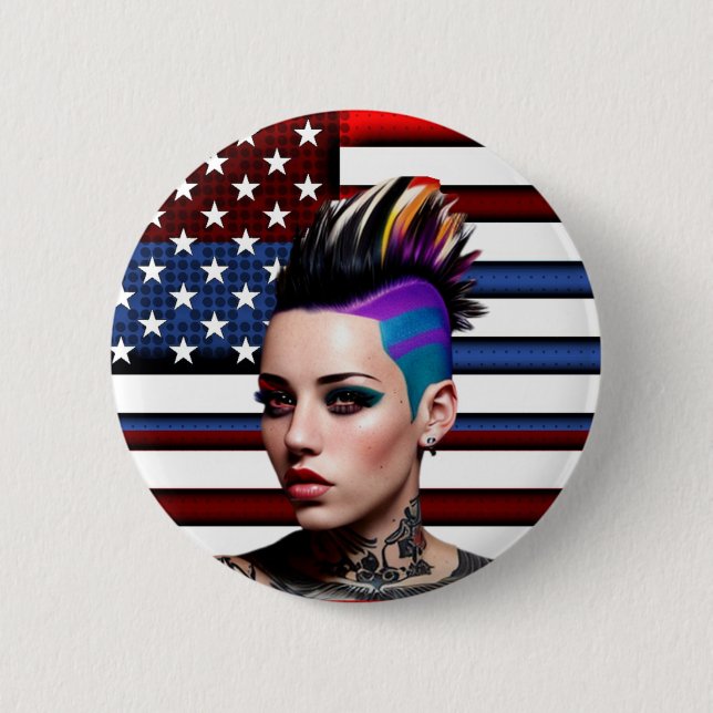 Mohawk Punk Girl med amerikansk Flagga Knapp (Framsida)