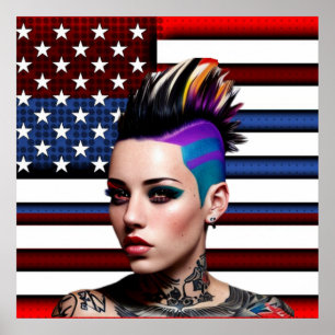 Mohawk Punk Girl med amerikansk Flagga Poster