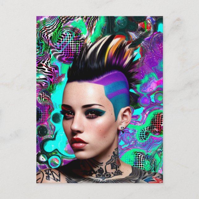 Mohawk Punkflicka Abstrakt Konst Vykort (Framsida)