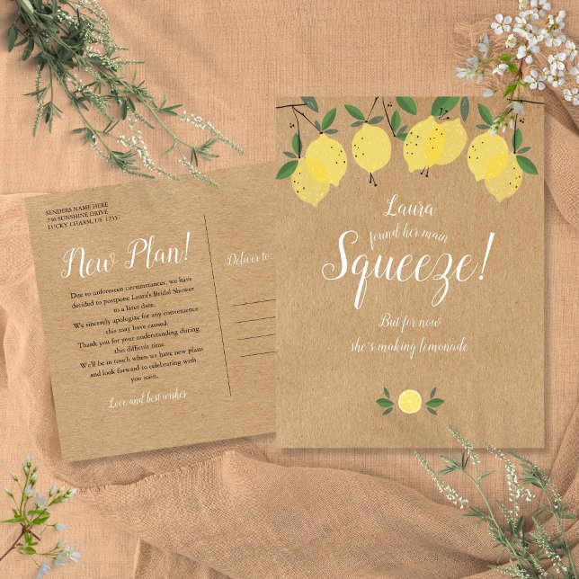 Möhippa ändring av uppskjuten datumändring vykort (Rustic Change of Date Bridal Shower Postponed Postcard)