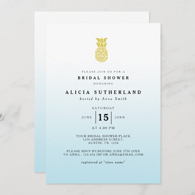 Möhippa av ananas för vattenlevande Guld Glitter Inbjudningar (Fram/baksida)