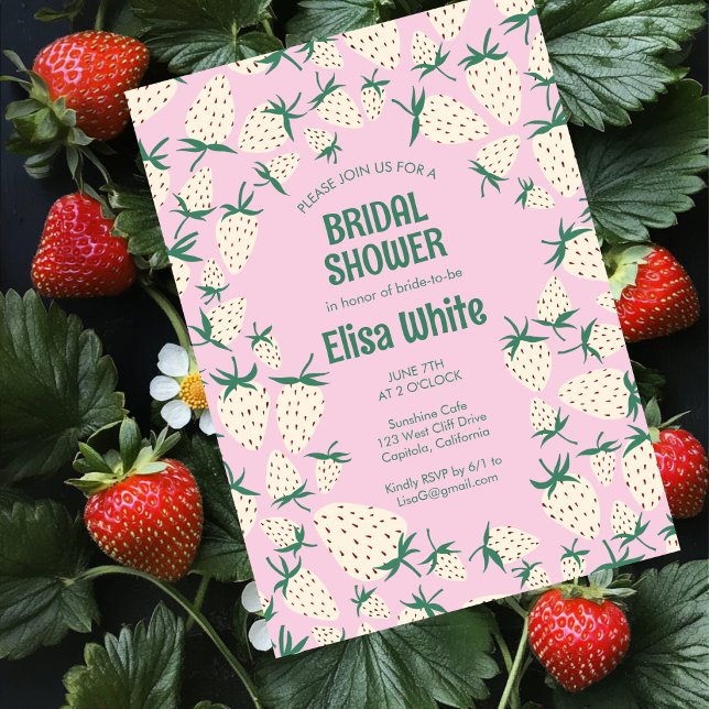 Möhippa av ANPASSNINGSBAR av vita jordgubbspennor Inbjudningar (White Strawberry Pineberry CUSTOM Bridal Shower Invitation
)