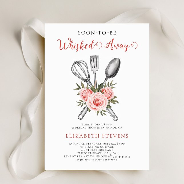 Möhippa av  av  av  av inandning av Ro Inbjudningar (whisked away kitchen baking cooking bridal shower invitation tools bouquet roses watercolor pink)