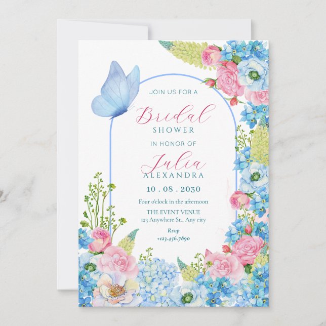 Möhippa av blåblommig rosa-blomma-fjäril inbjudningar (Framsida)
