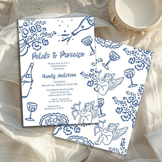 Möhippa av blått Petal Prosecco-blått Inbjudningar (Blue Whimsical Drawn Bridal Shower Invitation, Petals Prosecco Bridal Shower Invitation, Floral)