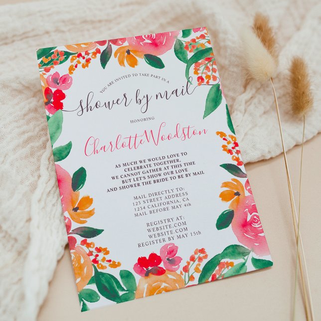 Möhippa av blommigt för rosa orange med fetstil pe inbjudningar (Bold fall pink orange floral bridal shower by mail invitation)