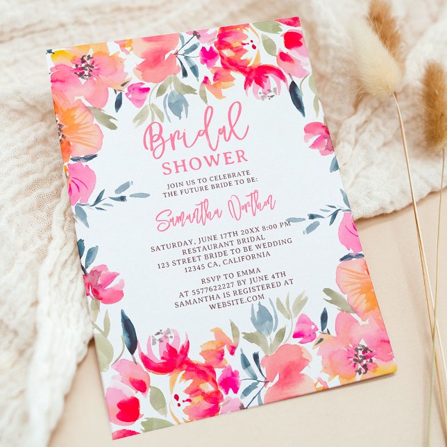 Möhippa av blommor med rosa i Böhmen Inbjudningar (Bohemian pink watercolor flowers bridal shower invitation)