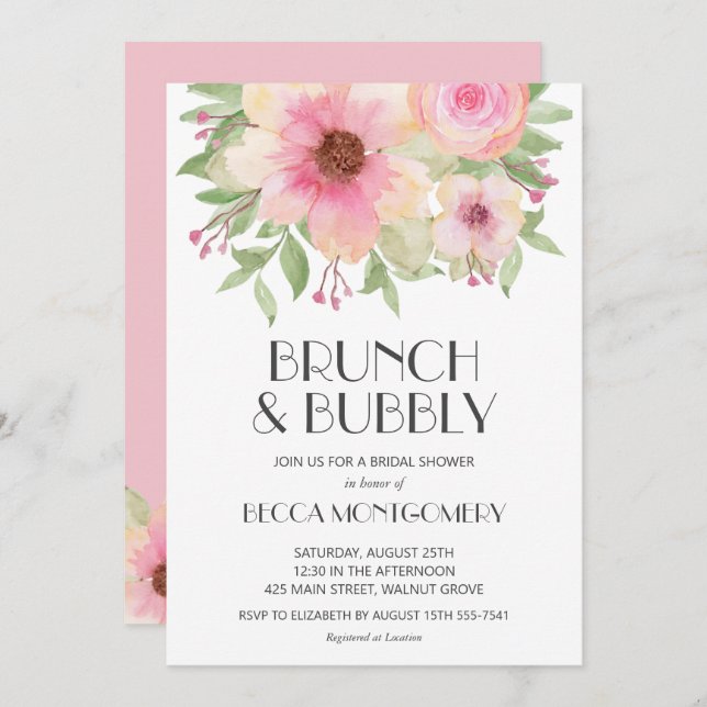 Möhippa av Brunch och Bubly  Rosa Blommigt Inbjudningar (Fram/baksida)
