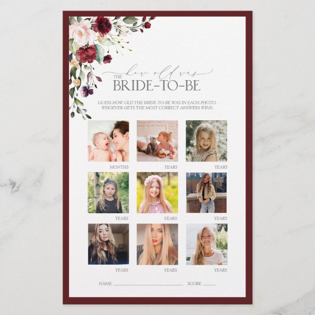 Möhippa av Burgundy Watercolor Blommigt Game (Framsida)