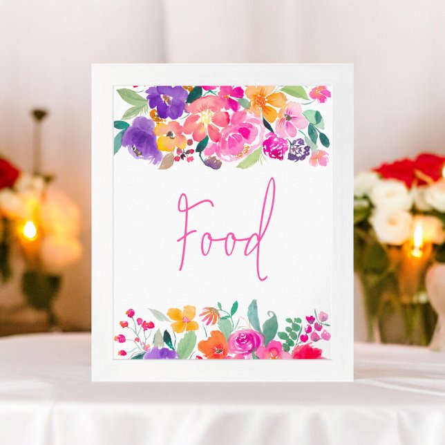 Möhippa av fetstilt rosa blommigt poster (Bold pink floral watercolor bridal shower food poster)